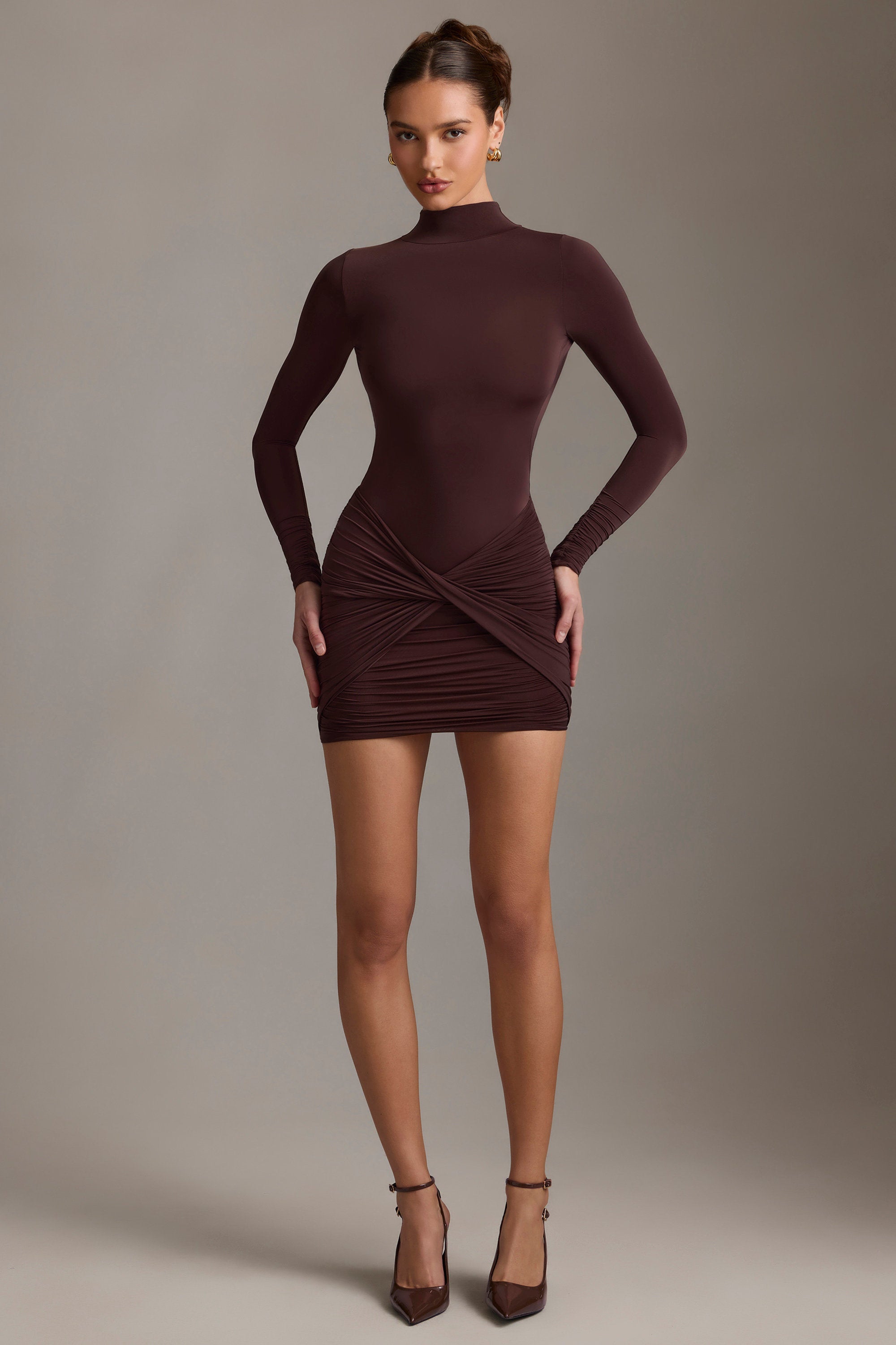 Backless Turtleneck Mini Dress in Chocolate Brown