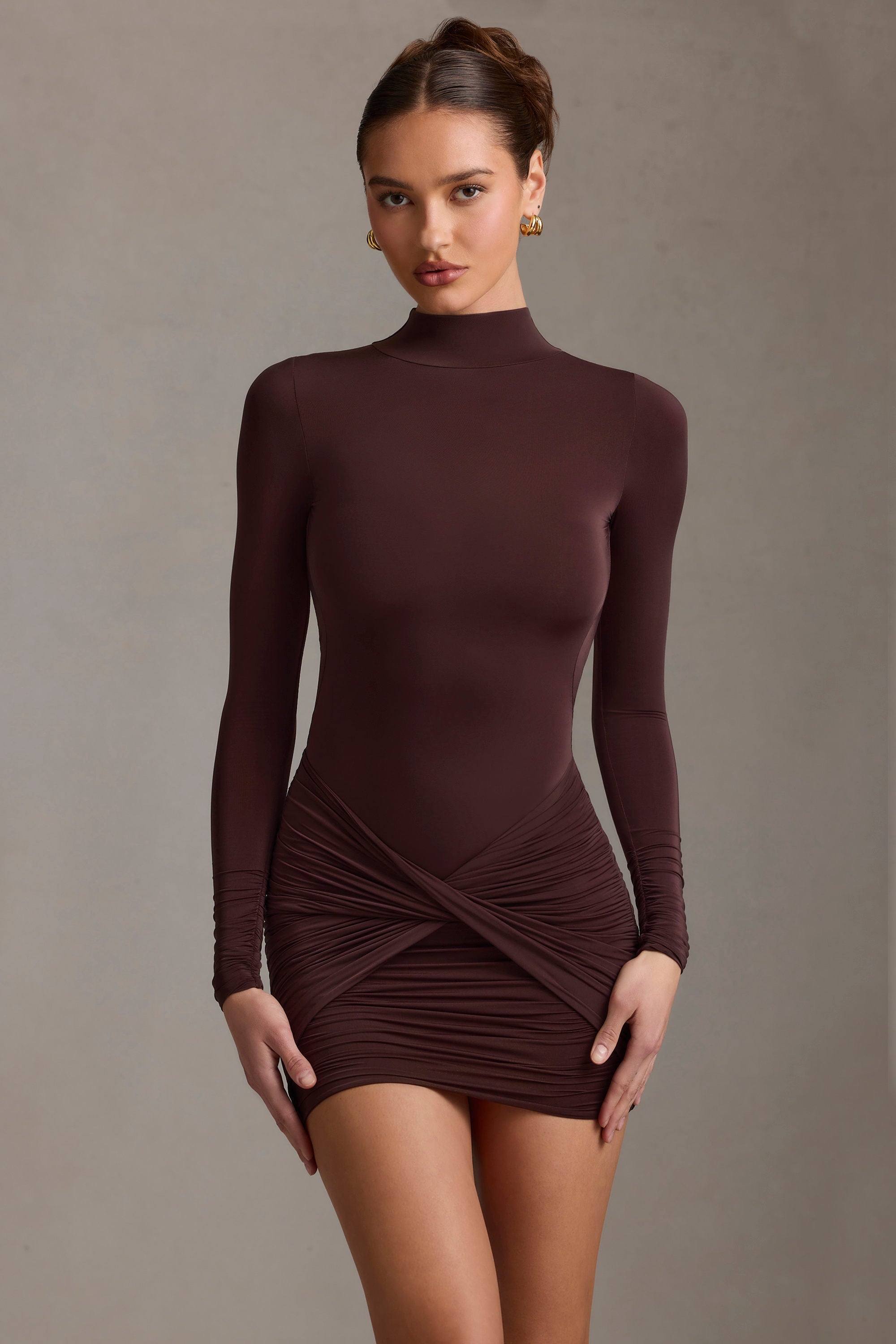Backless Turtleneck Mini Dress in Chocolate Brown