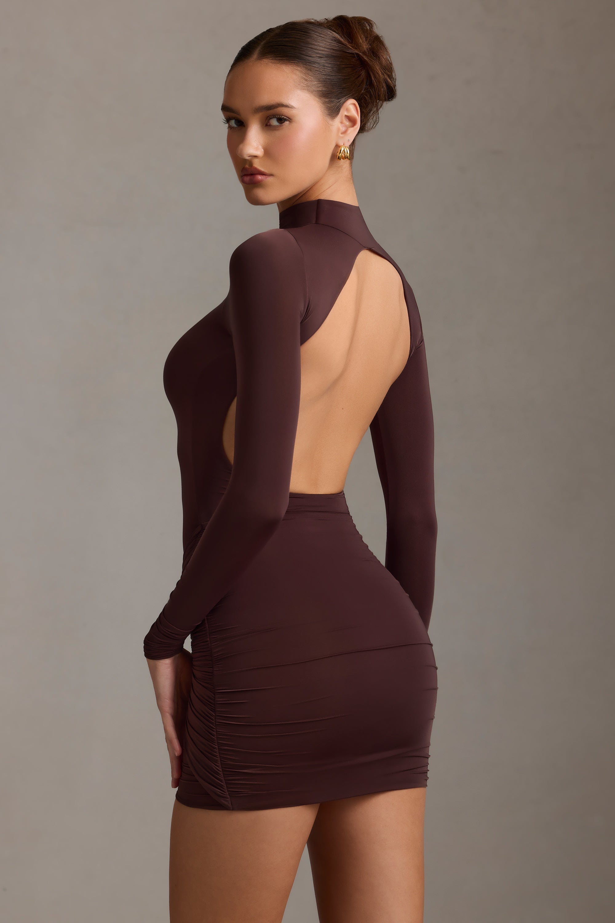 Backless Turtleneck Mini Dress in Chocolate Brown