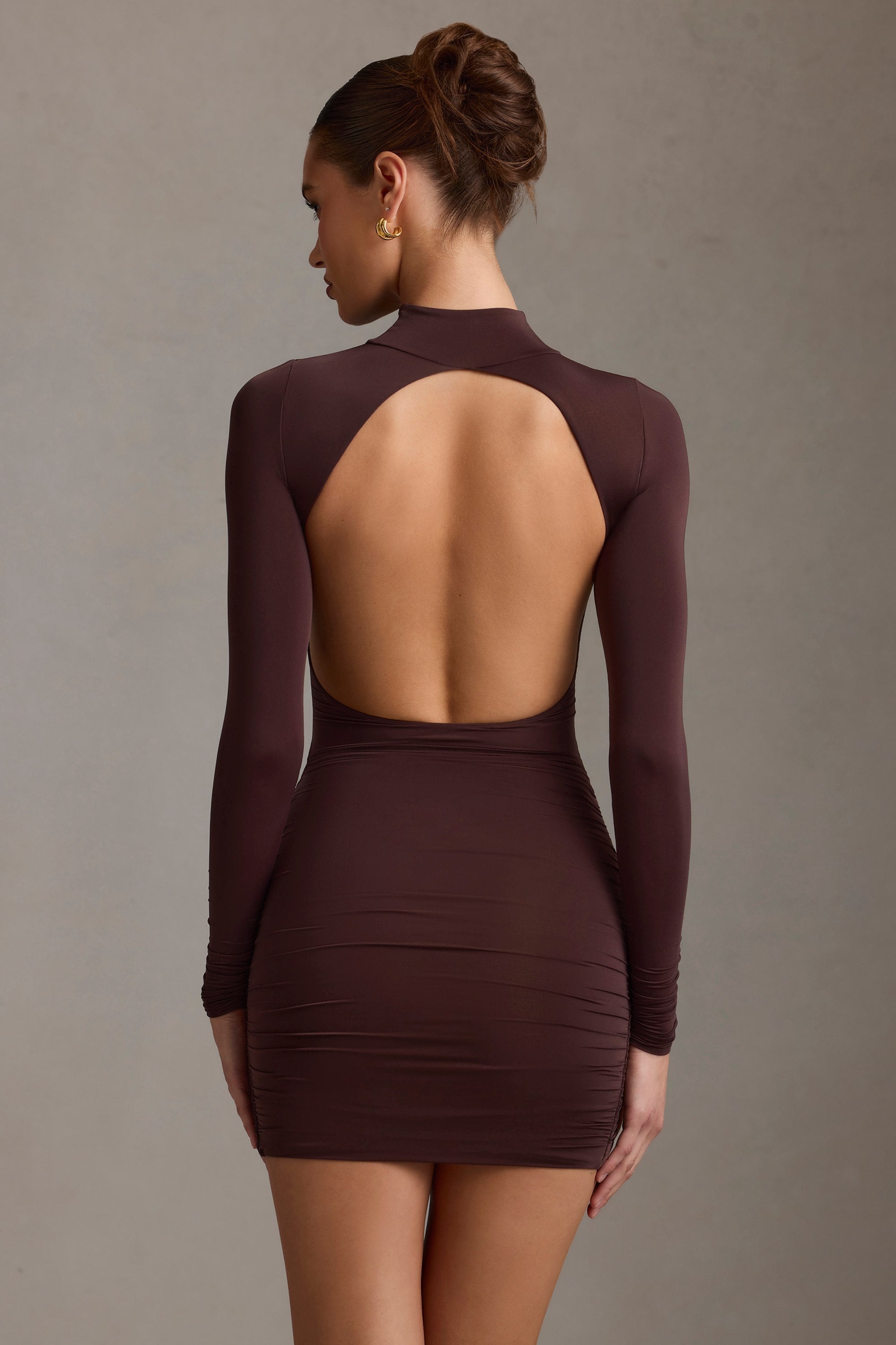 Backless Turtleneck Mini Dress in Chocolate Brown