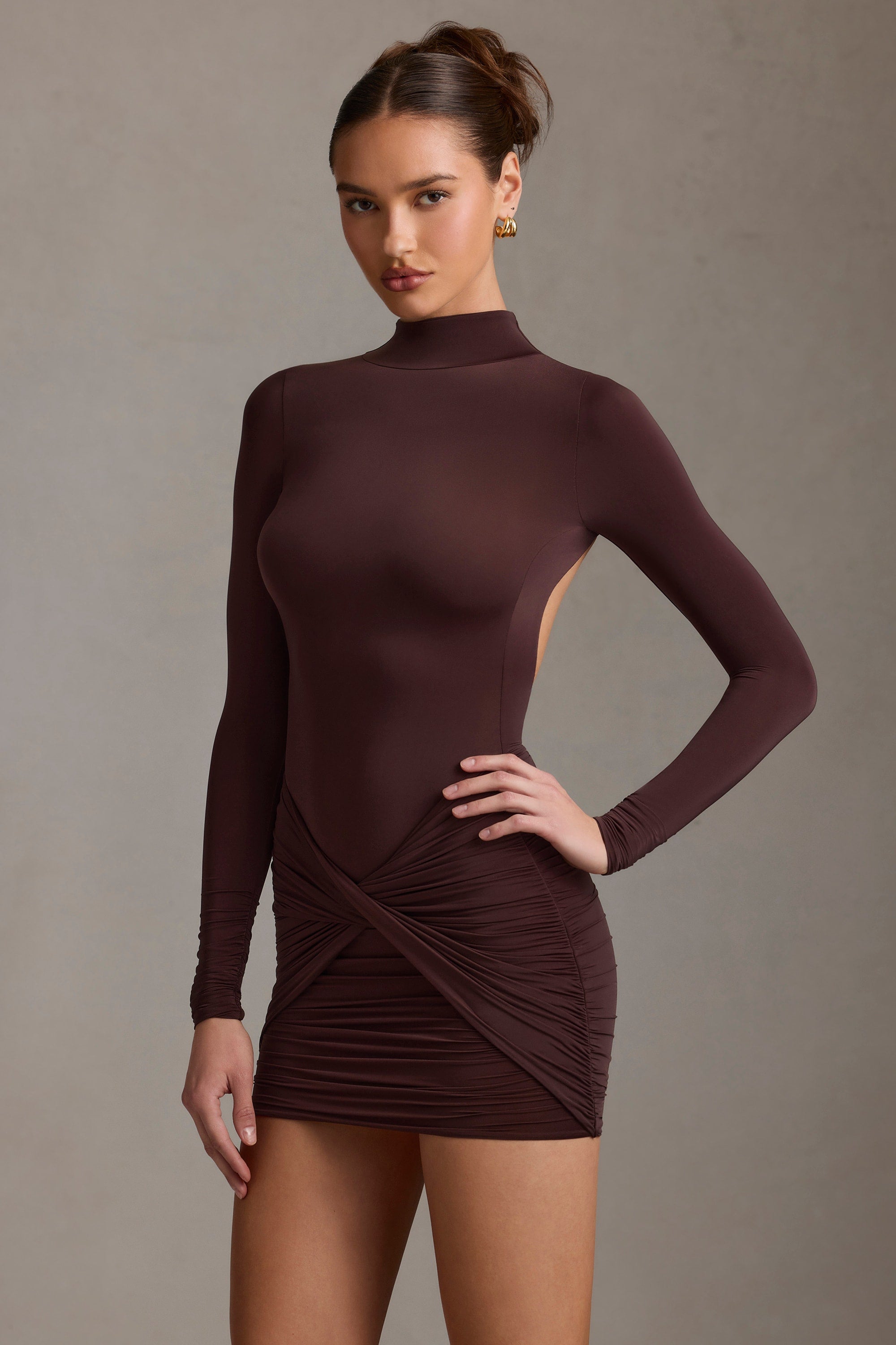 Backless Turtleneck Mini Dress in Chocolate Brown